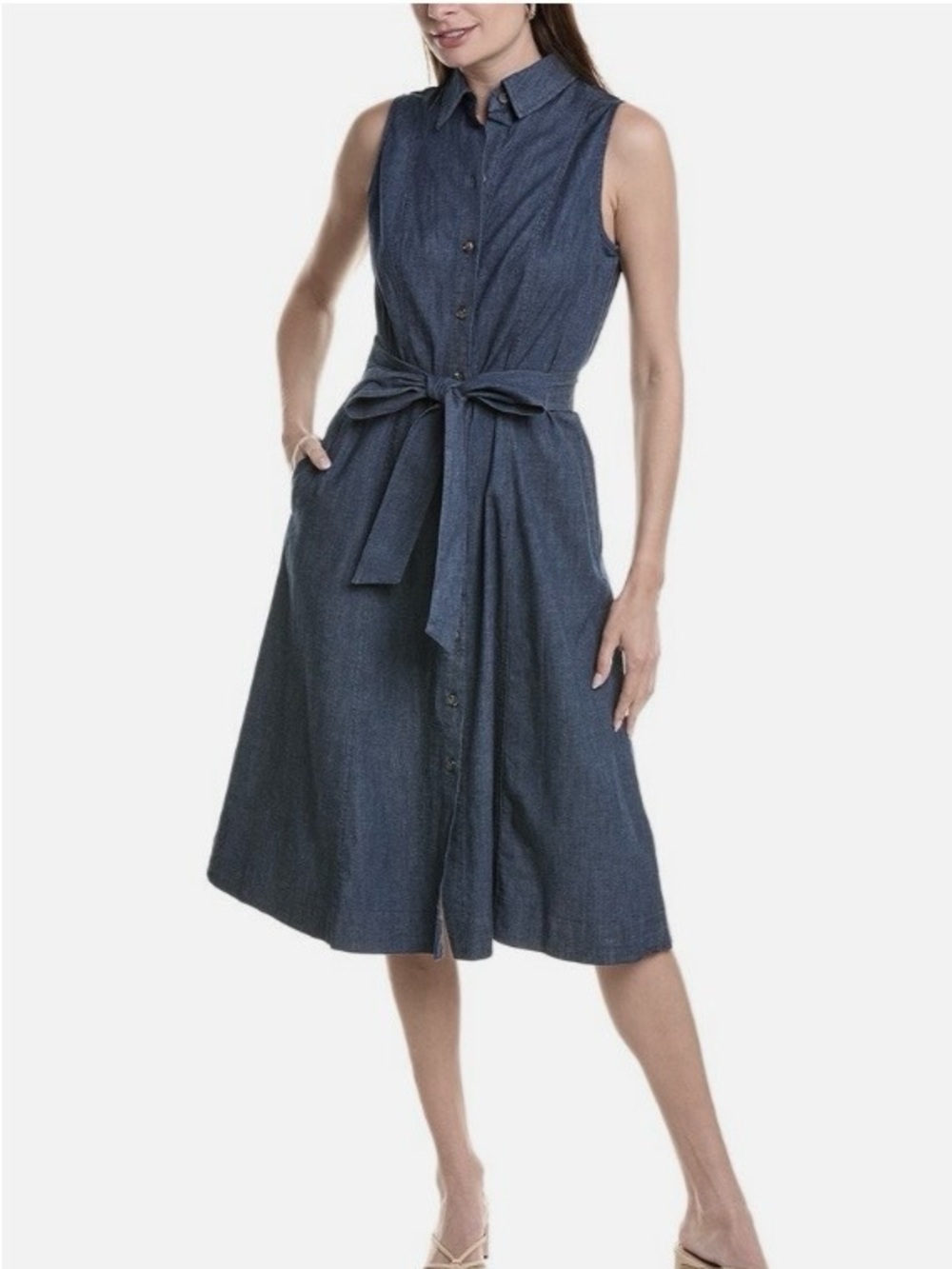 Anne Klein Dark-wash Denim Sleeveless Midi Belted Shirtdress Size 8 NWT